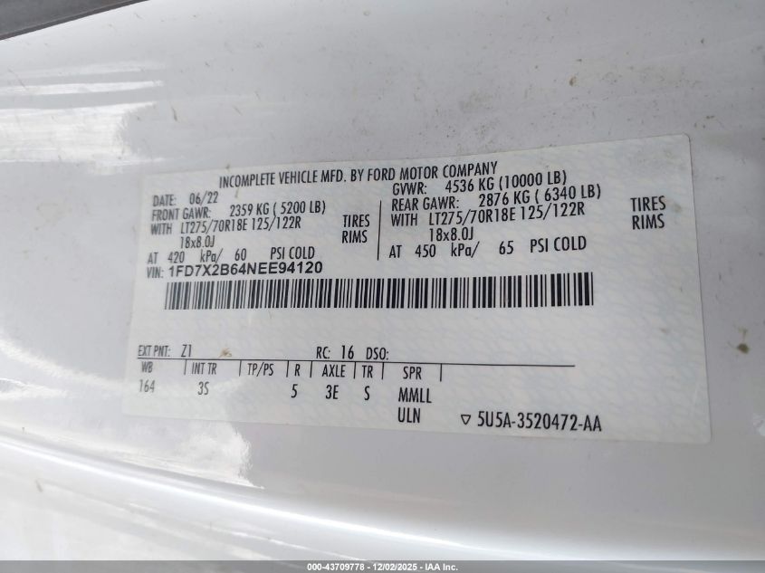 2022 Ford Super Duty F-250 Srw Xlt VIN: 1FD7X2B64NEE94120 Lot: 43709778