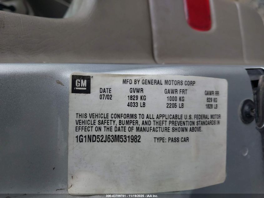 2003 Chevrolet Malibu VIN: 1G1ND52J63M531982 Lot: 43709781