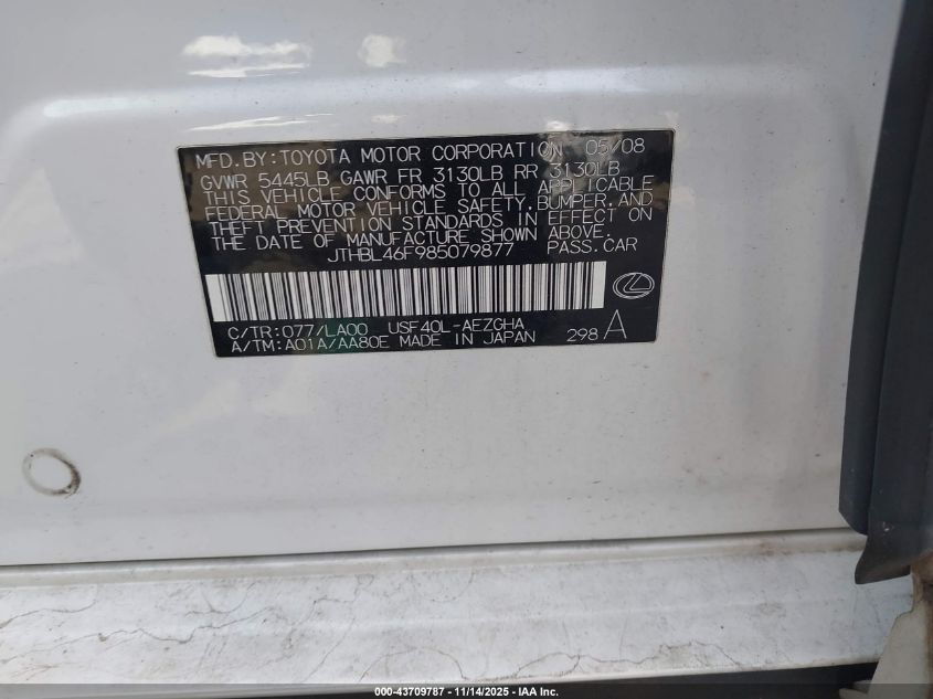 2008 Lexus Ls 460 VIN: JTHBL46F985079877 Lot: 43709787