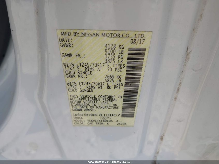 2017 Nissan Nv Cargo Nv2500 Hd Sv V6 VIN: 1N6BF0KY0HN810007 Lot: 43709798