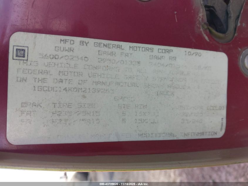 1991 Chevrolet Gmt-400 C1500 VIN: 1GCDC14K0MZ139265 Lot: 43709820