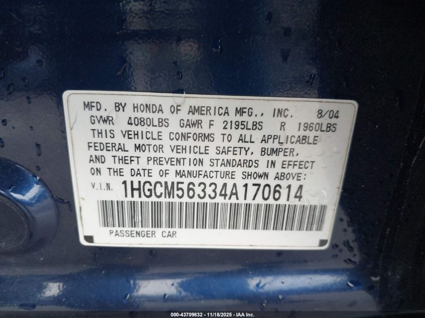2004 Honda Accord 2.4 Lx VIN: 1HGCM56334A170614 Lot: 43709832