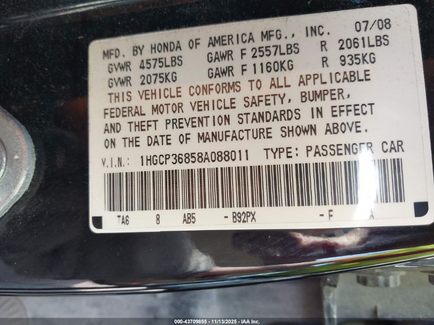 2008 Honda Accord 3.5 Ex-L VIN: 1HGCP36858A088011 Lot: 43709855