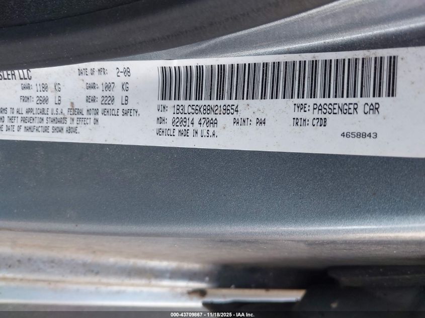 2008 Dodge Avenger Sxt VIN: 1B3LC56K88N219654 Lot: 43709867