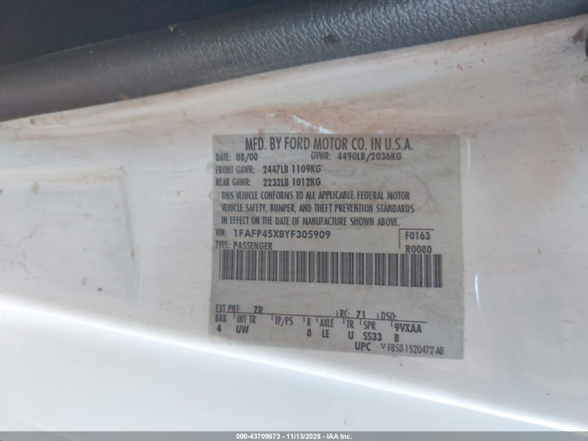 2000 Ford Mustang Gt VIN: 1FAFP45X8YF305909 Lot: 43709873