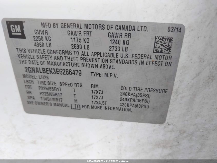 2014 Chevrolet Equinox 1Lt VIN: 2GNALBEK3E6286479 Lot: 43709879