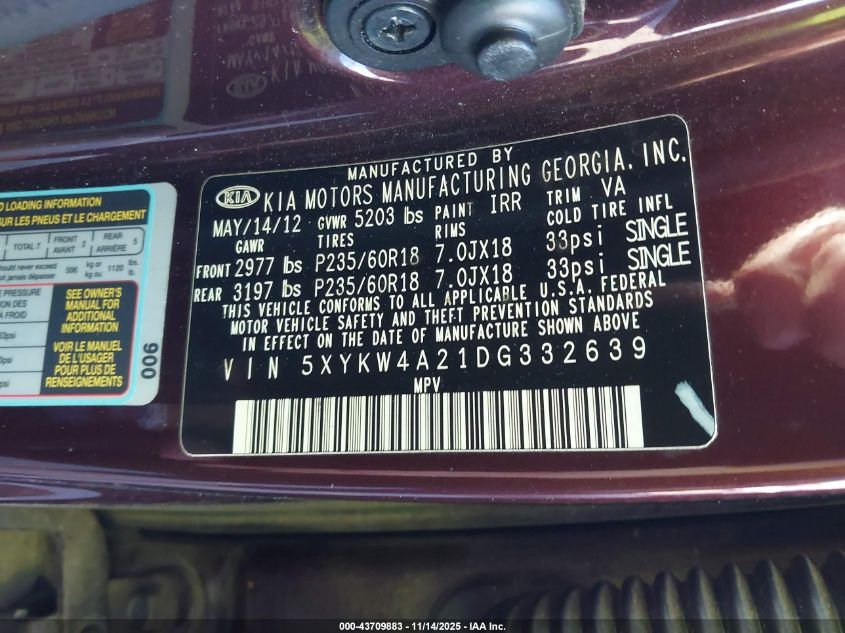2013 Kia Sorento Sx VIN: 5XYKW4A21DG332639 Lot: 43709883