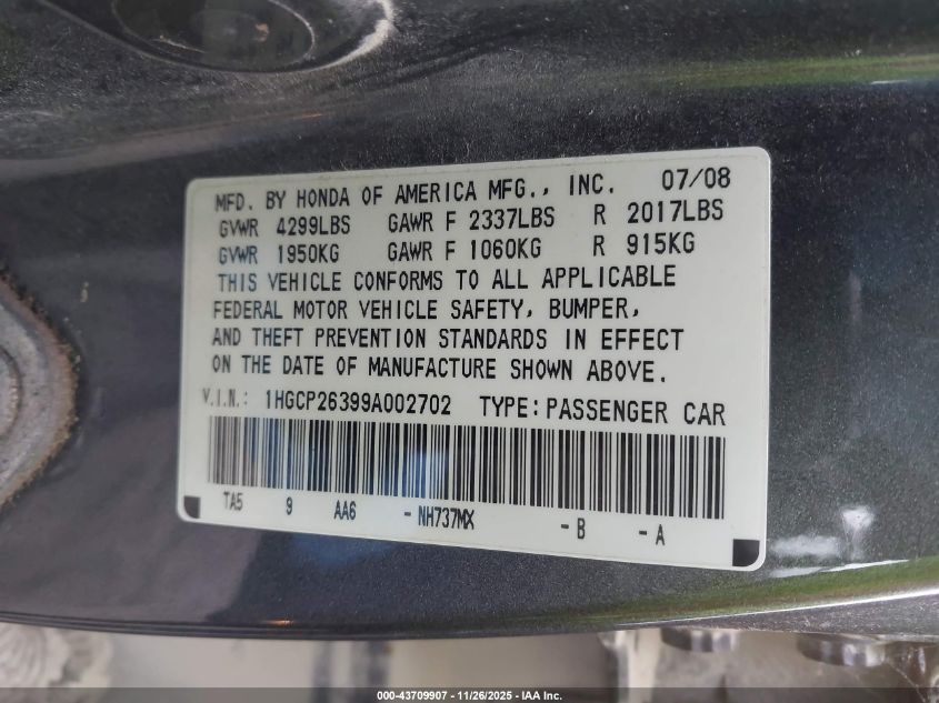 2009 Honda Accord 2.4 Lx VIN: 1HGCP26399A002702 Lot: 43709907
