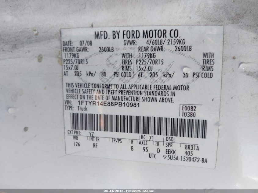 2008 Ford Ranger Sport/Xl/Xlt VIN: 1FTYR14E88PB10981 Lot: 43709912