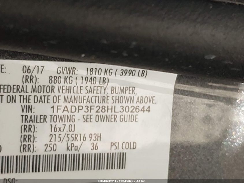 2017 Ford Focus Se VIN: 1FADP3F28HL302644 Lot: 43709914