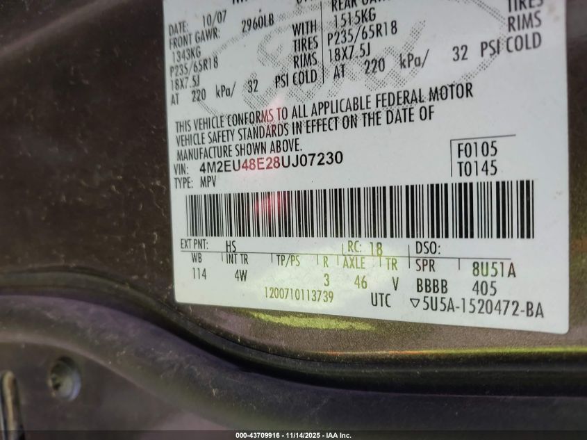 2008 Mercury Mountaineer Premier VIN: 4M2EU48E28UJ07230 Lot: 43709916