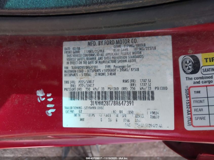 2008 Lincoln Mkz VIN: 3LNHM28T78R647391 Lot: 43709917