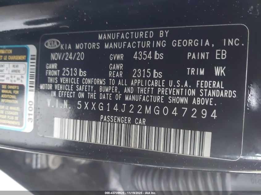 2021 Kia K5 Lxs VIN: 5XXG14J22MG047294 Lot: 43709925