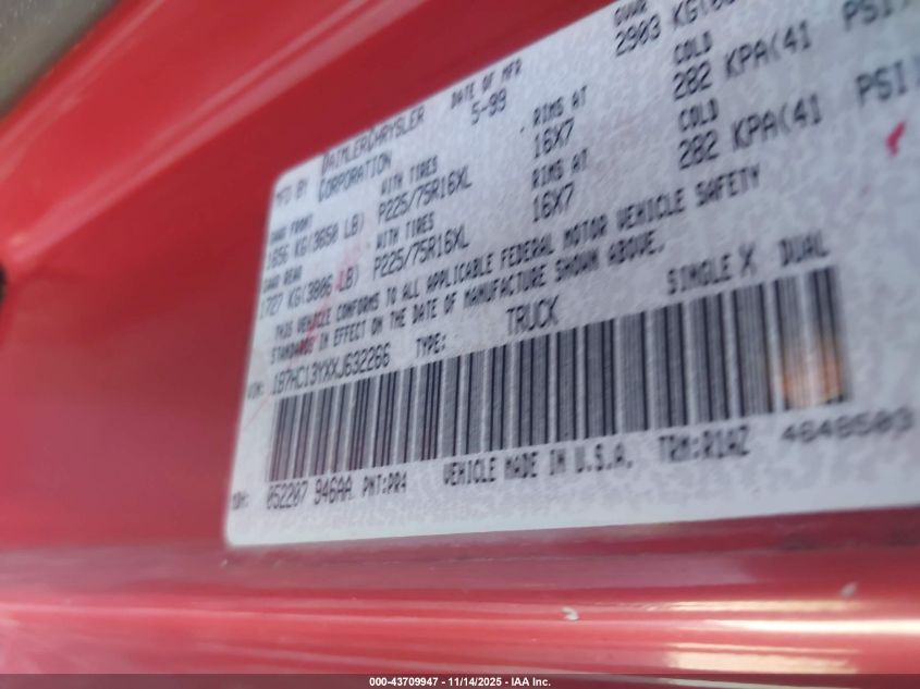 1999 Dodge Ram 1500 St VIN: 1B7HC13YXXJ632266 Lot: 43709947