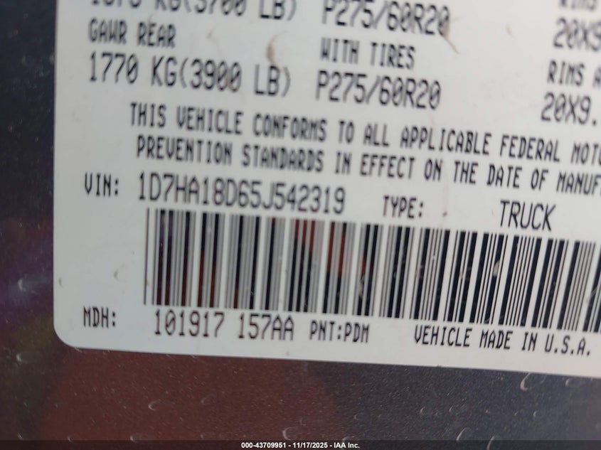 2005 Dodge Ram 1500 Slt/Laramie VIN: 1D7HA18D65J542319 Lot: 43709951