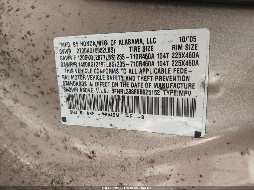 2006 Honda Odyssey Touring VIN: 5FNRL38886B025152 Lot: 43709965