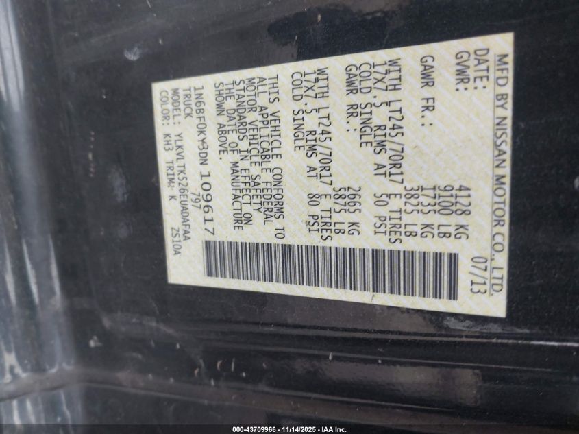 2013 Nissan Nv Cargo Nv2500 Hd Sv V6 VIN: 1N6BF0KY3DN109617 Lot: 43709966