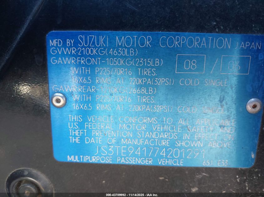 2007 Suzuki Grand Vitara VIN: JS3TE941774201291 Lot: 43709992