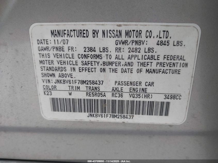 2008 Infiniti G35X VIN: JNKBV61F78M258437 Lot: 43709995