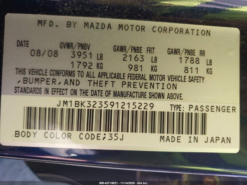 2009 Mazda Mazda3 S Touring VIN: JM1BK323591215229 Lot: 43710021