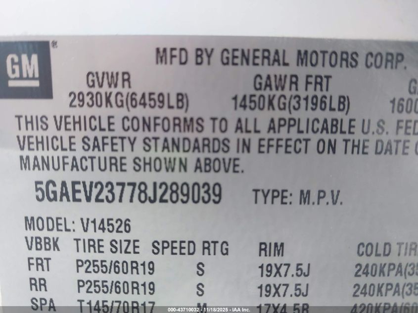 2008 Buick Enclave Cxl VIN: 5GAEV23778J289039 Lot: 43710032