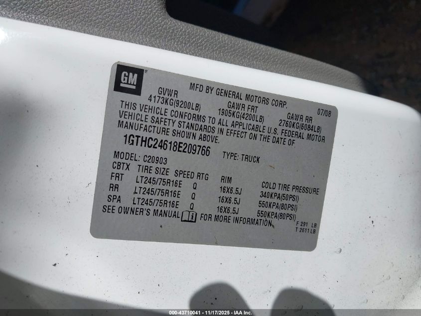 2008 GMC Sierra 2500Hd Work Truck VIN: 1GTHC24618E209766 Lot: 43710041
