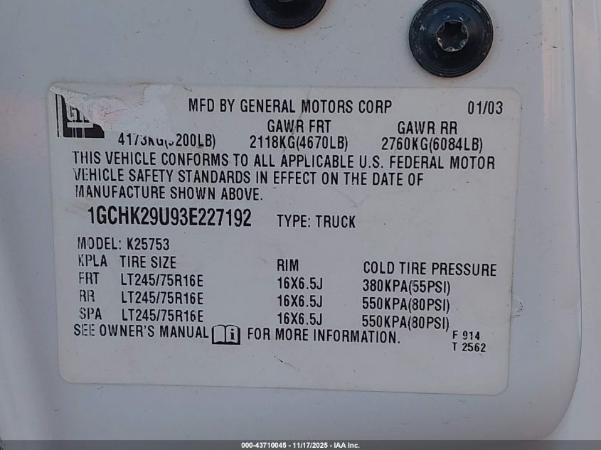 2003 Chevrolet Silverado 2500Hd Ls VIN: 1GCHK29U93E227192 Lot: 43710045