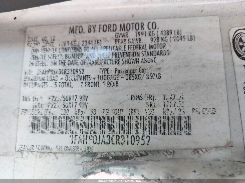 2012 Ford Fusion Sel VIN: 3FAHP0JA3CR310952 Lot: 43710051