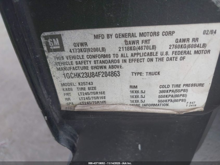 2004 Chevrolet Silverado 2500Hd Lt VIN: 1GCHK23U84F204863 Lot: 43710052