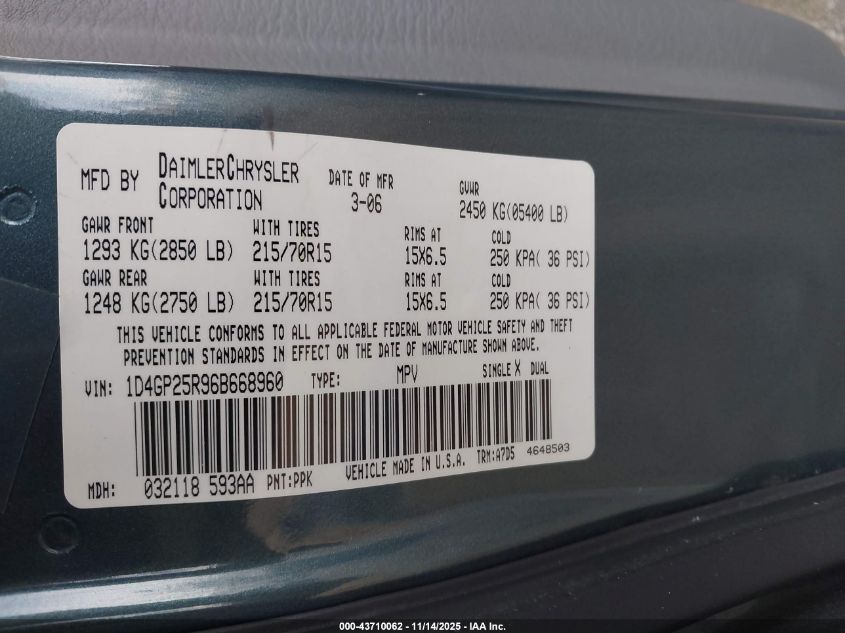 2006 Dodge Caravan Se VIN: 1D4GP25R96B668960 Lot: 43710062