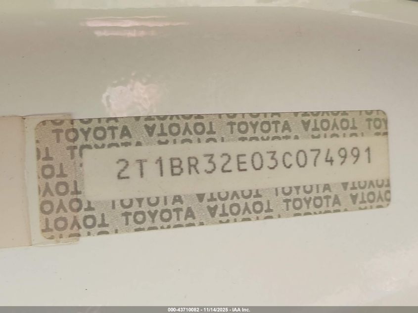 2003 Toyota Corolla Le VIN: 2T1BR32E03C074991 Lot: 43710082