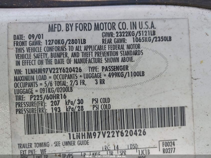 2002 Lincoln Continental VIN: 1LNHM97V22Y620426 Lot: 43710096