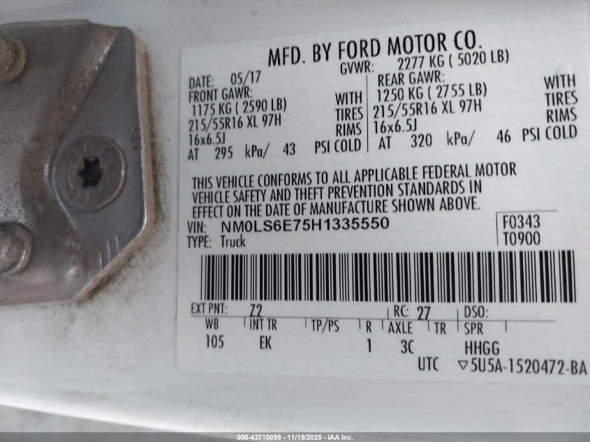 2017 Ford Transit Connect Xl VIN: NM0LS6E75H1335550 Lot: 43710099