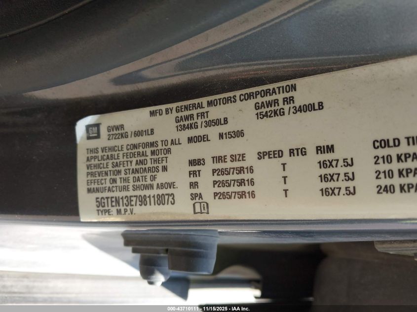 2009 Hummer H3 Suv VIN: 5GTEN13E798118073 Lot: 43710111