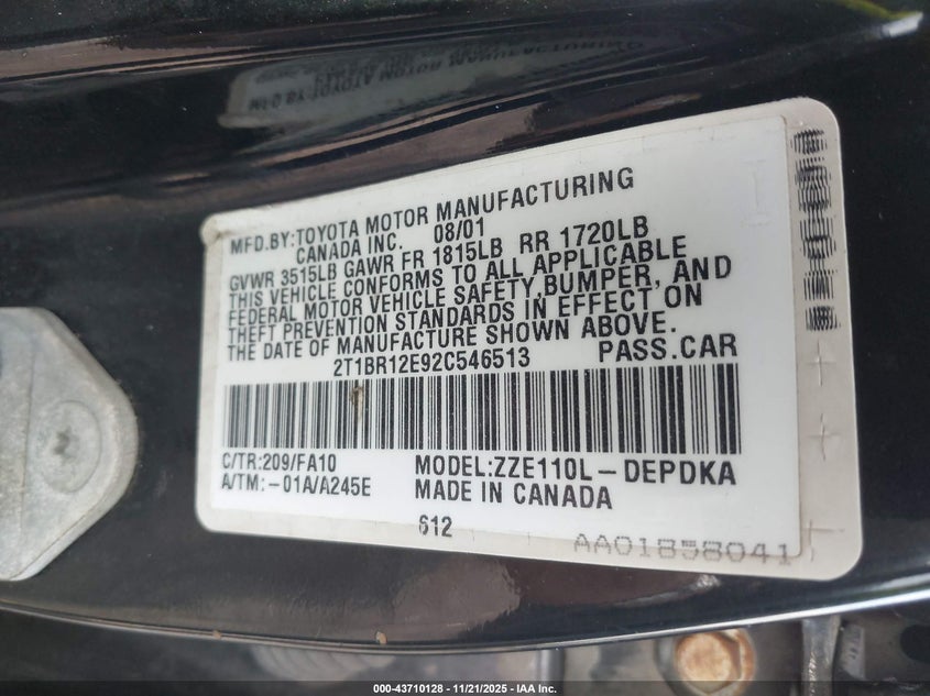 2T1BR12E92C546513 2002 TOYOTA COROLLA photo no. 9