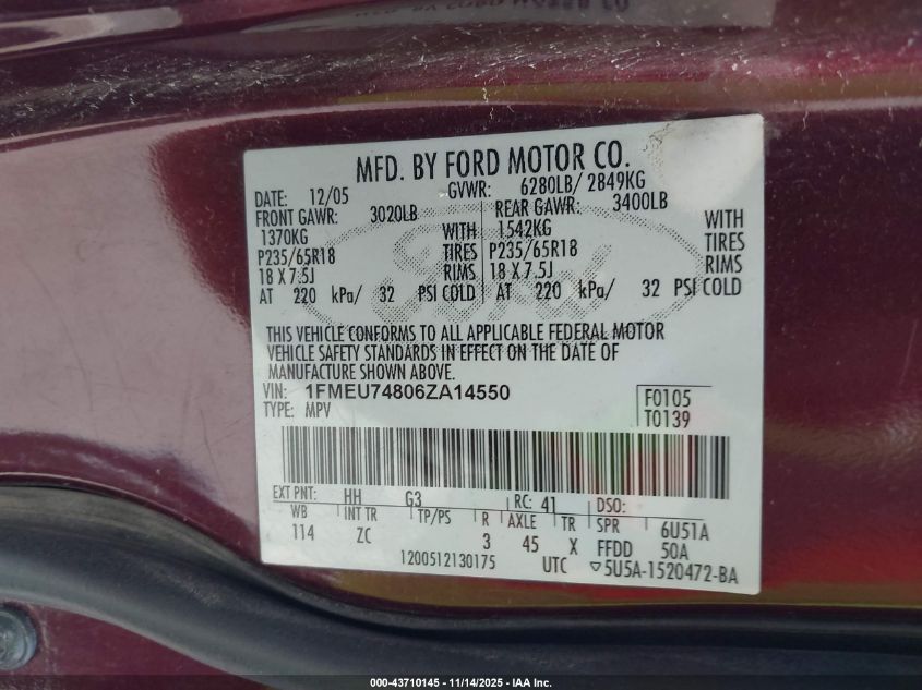 2006 Ford Explorer Eddie Bauer VIN: 1FMEU74806ZA14550 Lot: 43710145