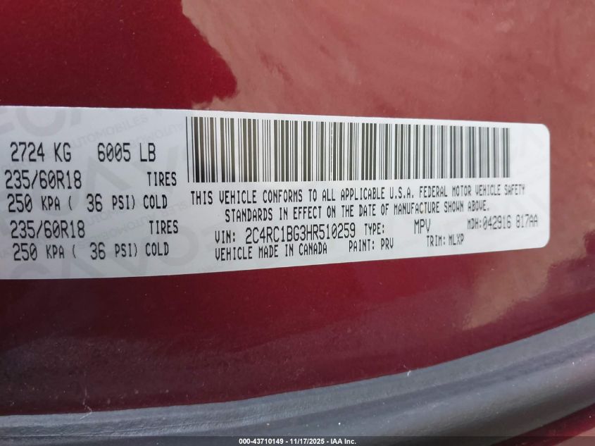 2017 Chrysler Pacifica Touring-L VIN: 2C4RC1BG3HR510259 Lot: 43710149