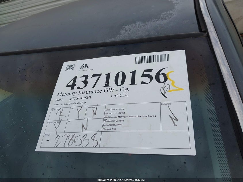 2002 Mitsubishi Lancer Ls VIN: JA3AJ36E02U074700 Lot: 43710156