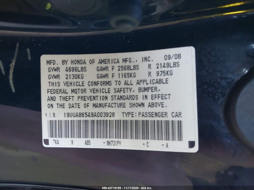 2009 Acura Tl 3.5 VIN: 19UUA86549A003928 Lot: 43710159