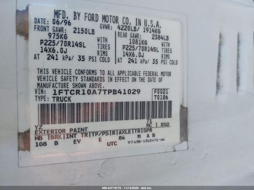 1996 Ford Ranger VIN: 1FTCR10A7TPB41029 Lot: 43710170