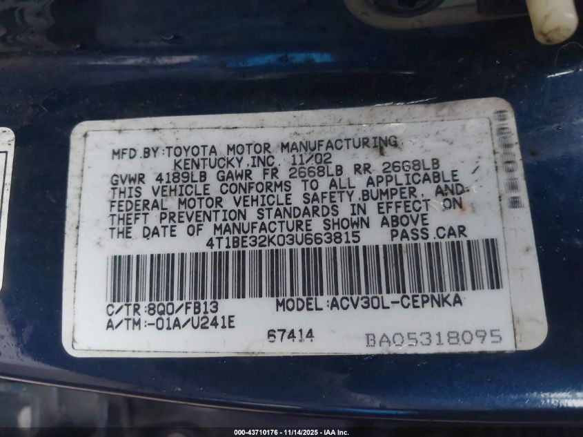 2003 Toyota Camry Le VIN: 4T1BE32K03U663815 Lot: 43710176