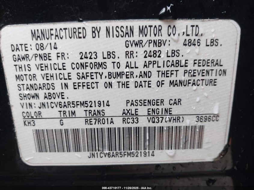 2015 Infiniti Q40 VIN: JN1CV6AR5FM521914 Lot: 43710177