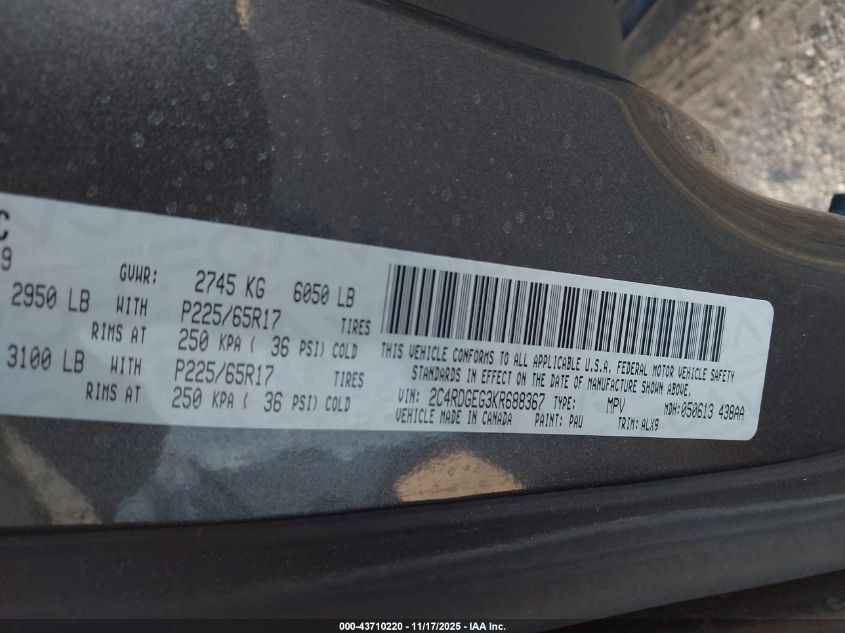 2019 Dodge Grand Caravan Gt VIN: 2C4RDGEG3KR688367 Lot: 43710220