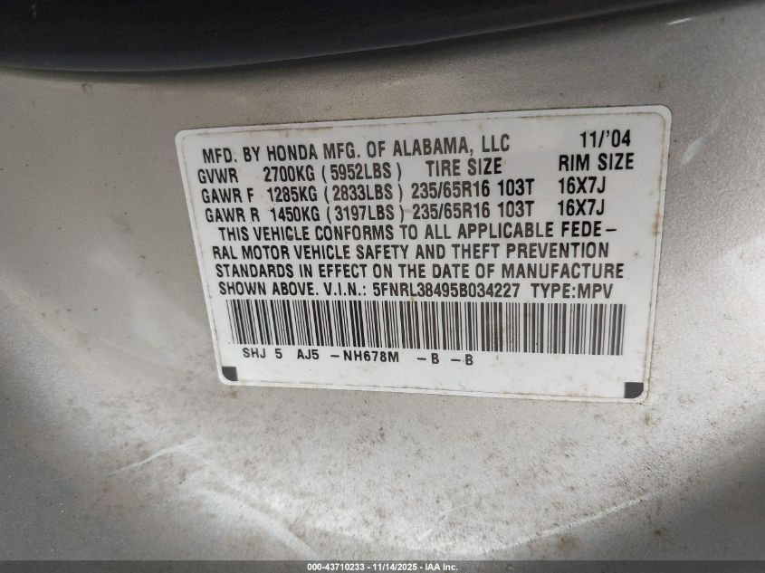 2005 Honda Odyssey Ex VIN: 5FNRL38495B034227 Lot: 43710233