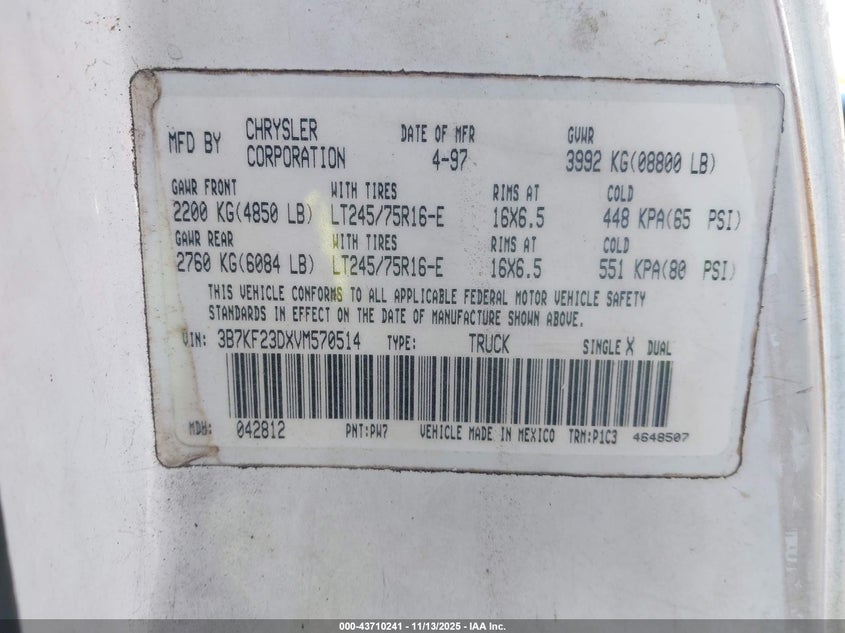 3B7KF23DXVM570514 1997 DODGE RAM photo no. 9