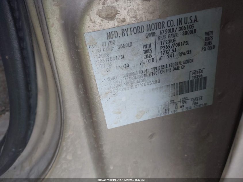 2001 Ford F-150 King Ranch Edition/Lariat/Xlt VIN: 1FTRW08L01KE43288 Lot: 43710249