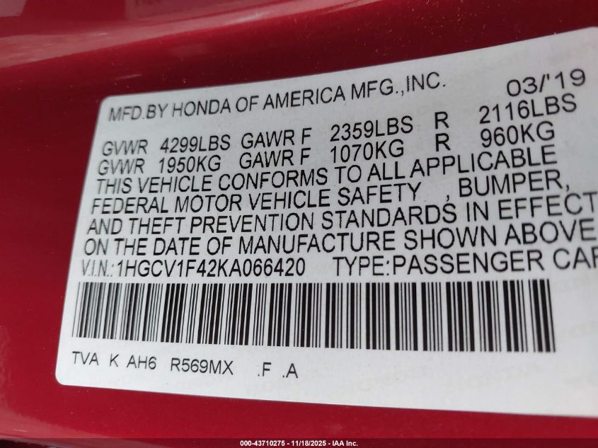 2019 Honda Accord Ex VIN: 1HGCV1F42KA066420 Lot: 43710275