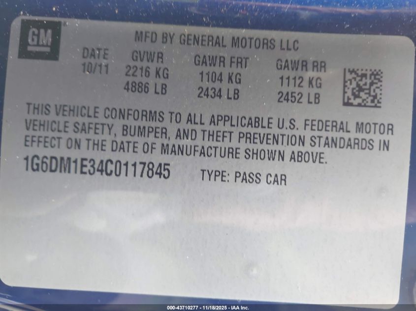 2012 Cadillac Cts Performance VIN: 1G6DM1E34C0117845 Lot: 43710277