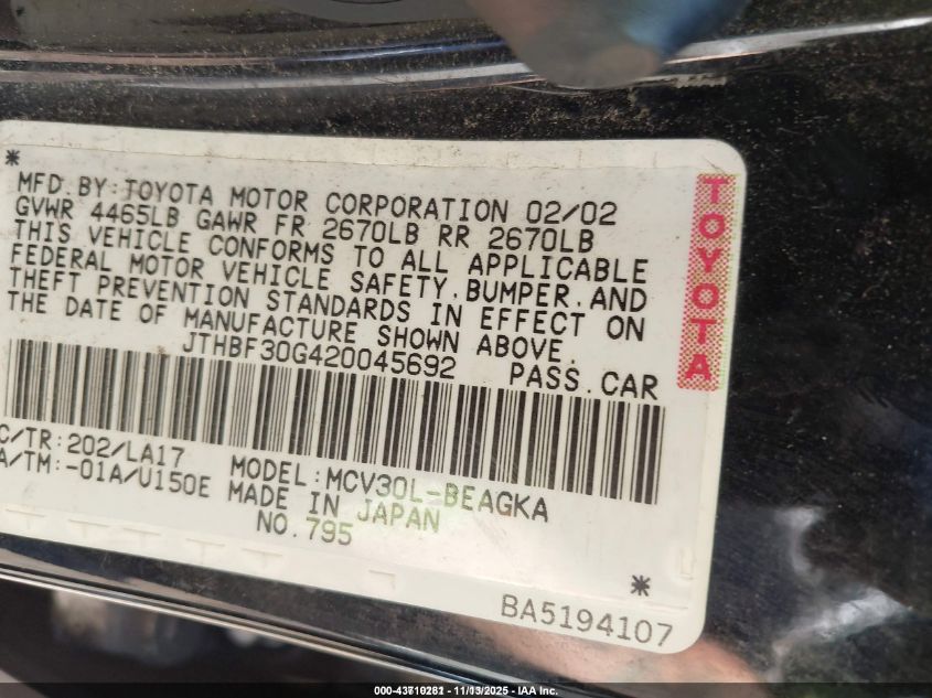 2002 Lexus Es 300 VIN: JTHBF30G420045692 Lot: 43710281