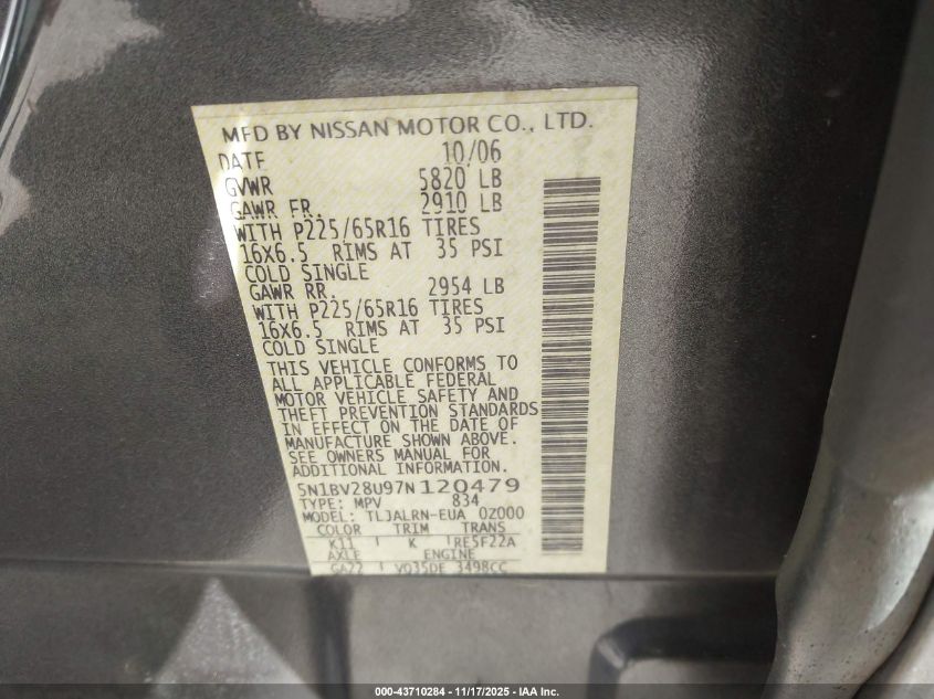 2007 Nissan Quest 3.5 VIN: 5N1BV28U97N120479 Lot: 43710284